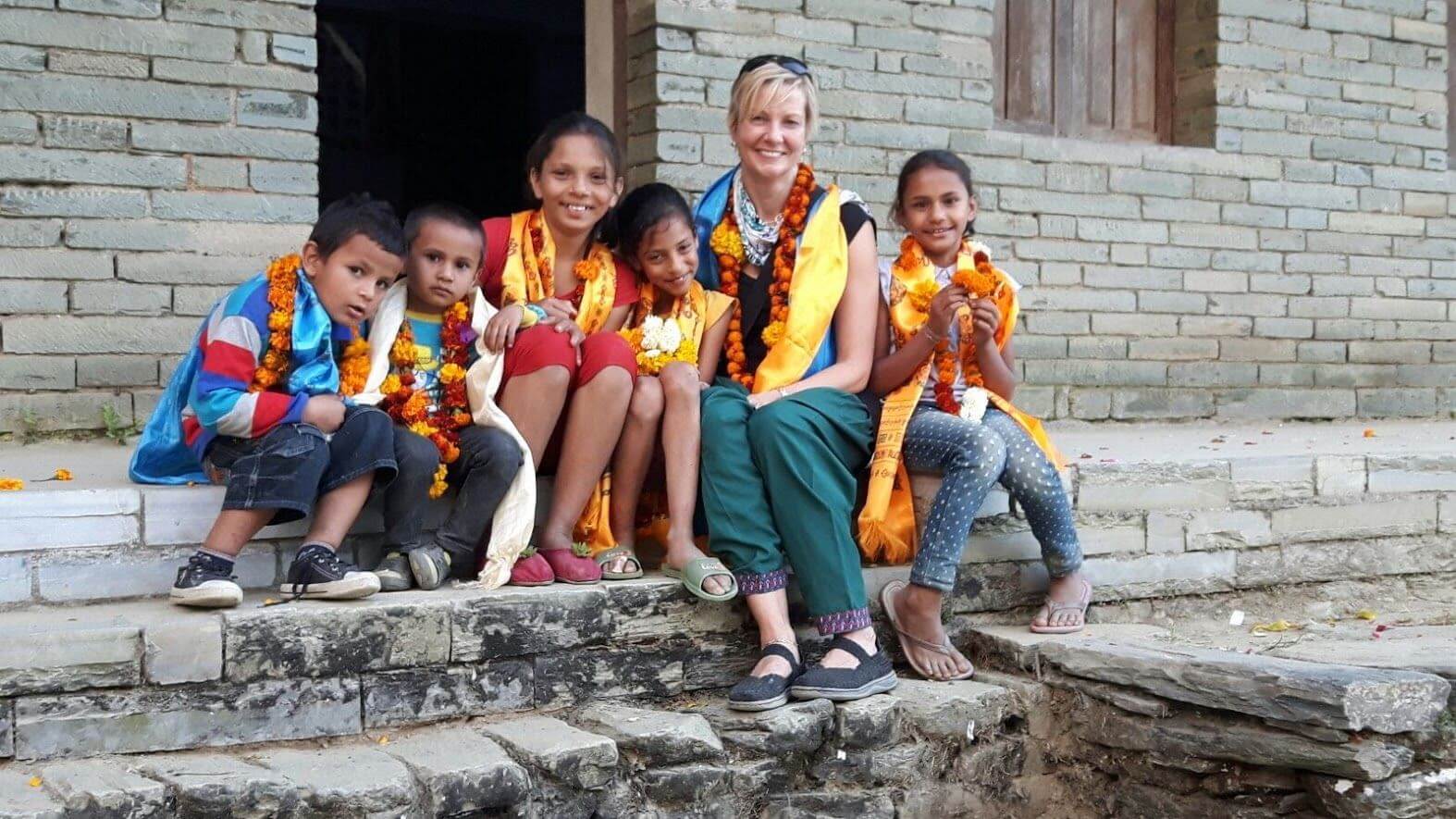 Helen Woodward with pupils in Nepal